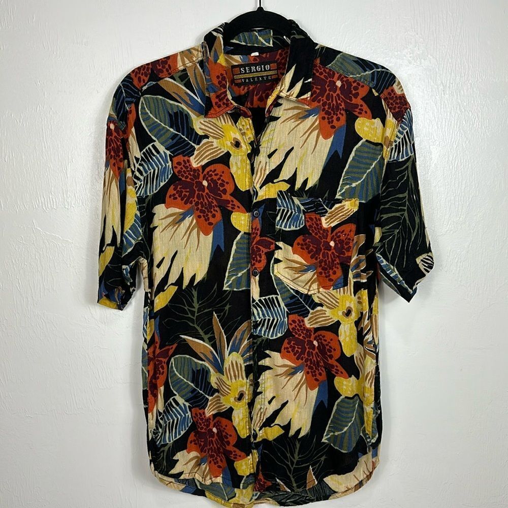 Sergio Valente Vintage Cotton Blend Hawaiian Button Down Shirt Size S